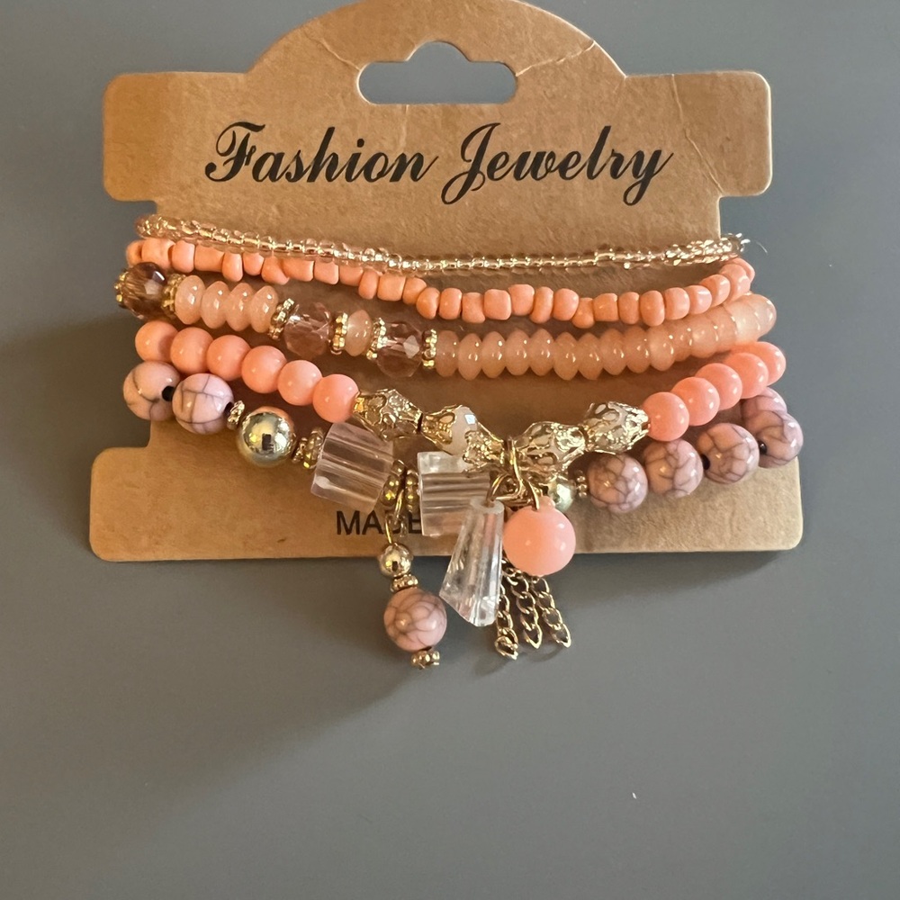 Fashion Jewelry Pink and Gold Beaded Bracelet Set